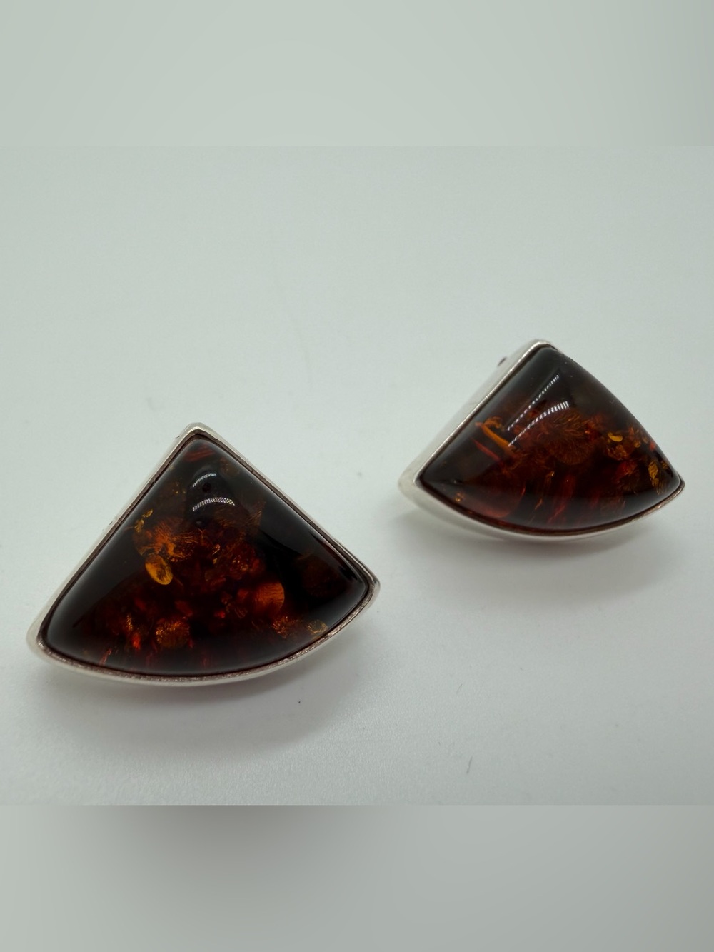 Large chunky Amber triangle silver tone earrings